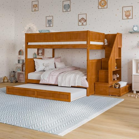 Dover Full over Full Staircase Bunk Bed with Storage Drawer and Twin Trundle in Light Toffee