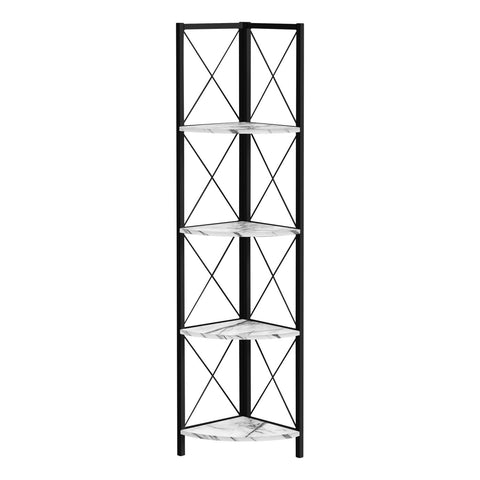 Monarch Specialties I 3651 Bookshelf, Bookcase, Etagere, Corner, 4 Tier, 60" H, Office, Bedroom, Metal, Laminate, White Marble Look, Black, Contemporary, Modern