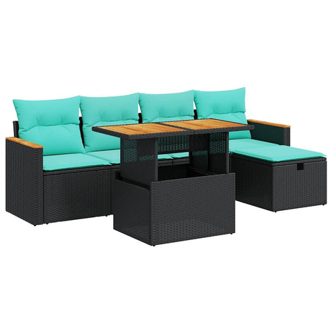 vidaXL 6 Piece Patio Sofa Set with Cushions Black Poly Rattan Acacia, Garden Sofa Set, Garden Lounge Set, Poly Rattan Sofa Set, Outdoor Sofa Set