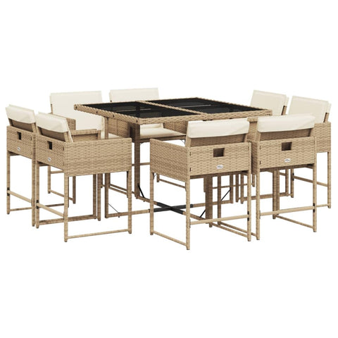 vidaXL 9-Piece Patio Dining Set - Glass Tabletop, Foldable Chairs, and Cushions - Outdoor Furniture for Garden, Backyard, Deck, or Lanai - PE Rattan, Beige