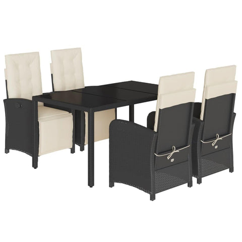 vidaXL 5 Piece Patio Dining Set with Cushions - Black Poly Rattan, Reclining Garden Chairs, Outdoor Durable & Weather- Furniture with Glass Tabletop & Removable Covers, for Garden Deck or Balcony