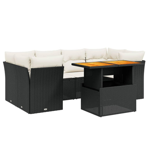vidaXL 7 Piece Garden Sofa Set with Adjustable Table, Cushions Included, Black and Cream Poly Rattan, Modern Outdoor Furniture for Patio & Seating Lounge, Modular, Weather Resistant