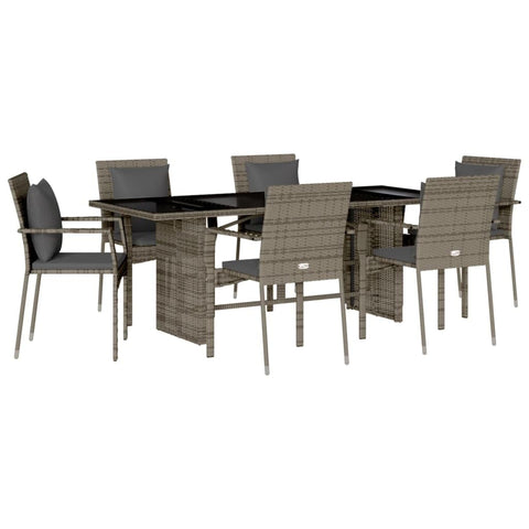 vidaXL 7-Piece Patio Dining Set - Gray Poly Rattan/Garden Table & Chair Set with Cushions/Tempered Glass Tabletop - Outdoor Furniture for Patio, Backyard, and Garden