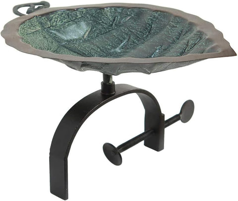 Oakestry (BB-04-OR) Aspen Embossed Leaf Designed Bracket Railing Mount Birdbath with Shallow Copper Bowl and a Curled Stem Detail, Copper, Verdi, Black