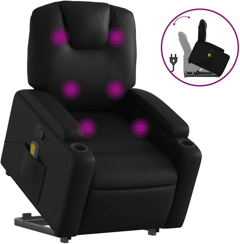 vidaXL Stand up Massage Recliner Chair - Power Lift Armchair, Electric Motor, Manual Tilt, Vibration Massage, Cup Holders, Faux Leather in Black