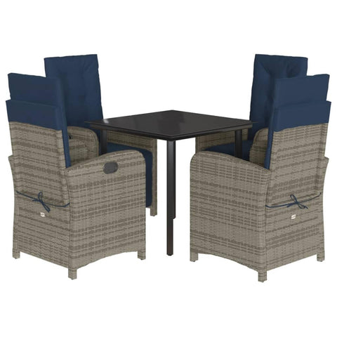 vidaXL 5-Piece Patio Dining Set - Gray Poly Rattan, Navy Cushions, Adjustable Chairs, Glass Tabletop, Outdoor/Backyard/Patio Furniture, Standard, 3212442