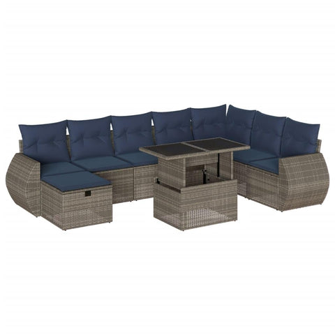 vidaXL Patio Sofa Set with Cushions 9 Piece, Outdoor Lounge Set with Table and Foot Stool, Sectional Sofa for Garden, Modern, Gray Poly Rattan