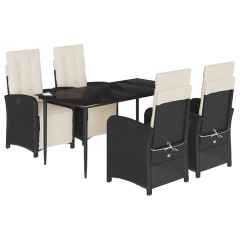 vidaXL 5 Piece Patio Dining Set - Black PE Rattan, Adjustable Reclining Garden Chairs, Tempered Glass Tabletop, Removable Cushions, Weather-Resistant Outdoor Furniture