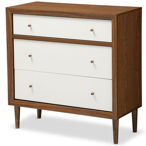 Baxton Furniture Studios Harlow Mid-Century Wood 3 Drawer Chest, Medium, White and Walnut