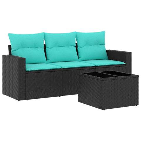 vidaXL Patio Sofa Set with Cushions 4 Piece, Sectional Sofa with Glass Table, Outdoor Conversation Set, Patio Furniture, Black Poly Rattan