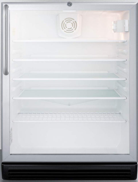 Commercially listed ADA compliant built-in undercounter beverage center with stainless steel wrapped cabinet, glass door, towel bar handle, and lock