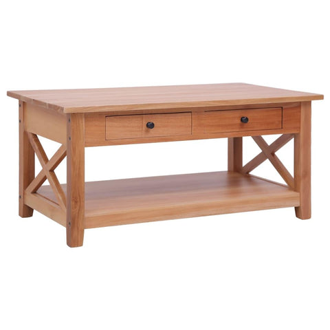 vidaXL Natural Solid Mahogany Wood Coffee Table with Drawers and Shelf - Elegant Rectangular Living Room Furniture with Brass Knobs