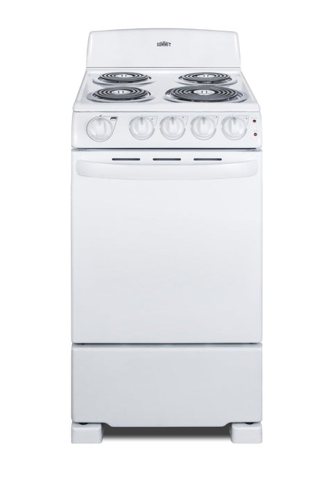 Summit 20" Electric Range, 220V 4 Burner Range, 2.3 cu.ft. oven, White- RE203W