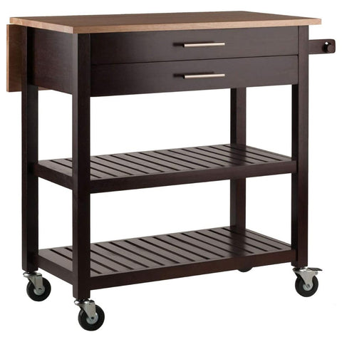Oakestry Langdon Kitchen Cart Cappuccino and Natural Wood Design Spacious Storage for Kitchen Items and Supplies Includes Drawers and Open Shelving for Organization Elegant Cappuccino Natural Finish