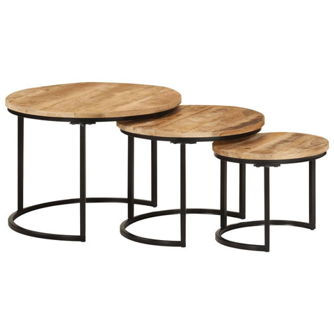 vidaXL Solid Rough Mango Wood Nesting Tables - 3 pcs Set of Round Stacking Coffee Tables with Industrial Design for Living Room, Bedroom, and Office Use