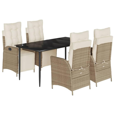 vidaXL 5 Piece Patio Dining Set with Cushions - Beige Poly Rattan Garden Furniture Table & 4 Reclining Chairs - Tempered Glass Tabletop, Adjustable Seats - Outdoor, Backyard, Patio