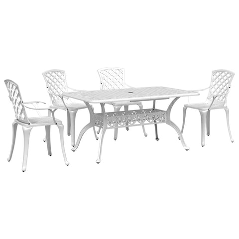 vidaXL 5-Piece Patio Dining Set - White Cast Aluminum Outdoor Furniture with High Back Chairs/Rectangular Table with Umbrella Hole