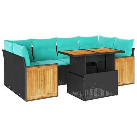 vidaXL 7 Piece Patio Sofa Set with Cushions Black Poly Rattan Acacia, Garden Sofa Set, Garden Lounge Set, Poly Rattan Sofa Set, Outdoor Sofa Set