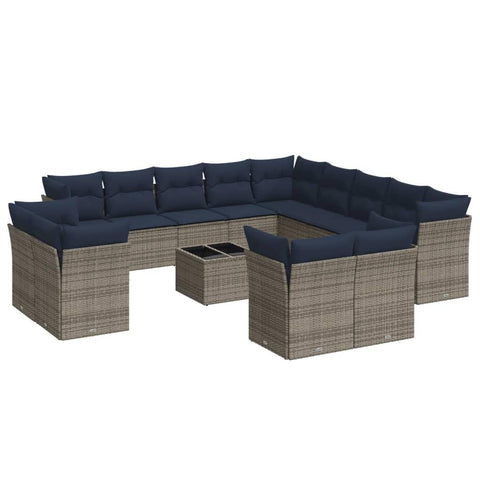 vidaXL Patio Sofa Set with Cushions 14 Piece, Sectional Sofa with Glass Table, Outdoor Conversation Set, Modern Style, Gray Poly Rattan