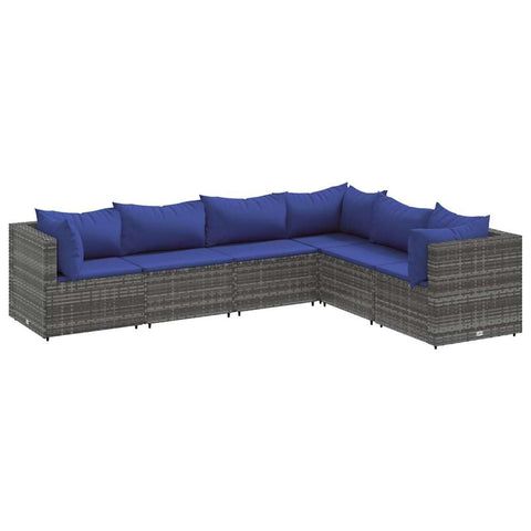 vidaXL 6 Piece Patio Lounge Set - Gray Poly Rattan Modular Outdoor Garden Furniture with Cushions and Tempered Glass Coffee Table for Deck/Terrace/Backyard