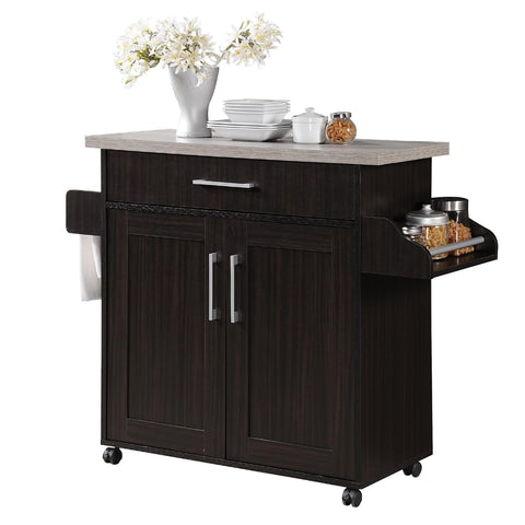 Hodedah Rolling Wood Kitchen Island Cart with Spice Rack, Towel Rack, Utensil Drawer plus Cabinet, White with Beech Top