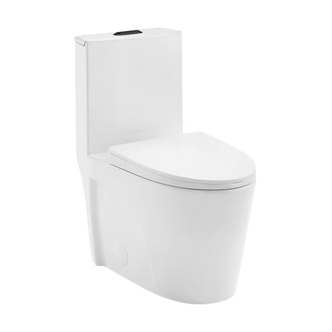 Swiss Madison St. Tropez SM-1T254HB One-Piece Elongated Toilet Vortex Dual-Flush 1.1/1.6 gpf with Comfort Chair Seat ADA Height in Glossy White with Black Hardware