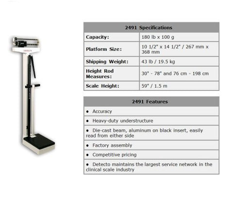 Detecto Mechanical Physician Scale, Eye Level with Handpost and Height Rod, 180kg., Model#2491, Made in the USA