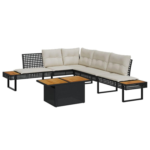 vidaXL L Shaped Garden Sofa Set with Cushions Black Poly Rattan and Acacia Outdoor Furniture for Patio Balcony Lounge Wicker