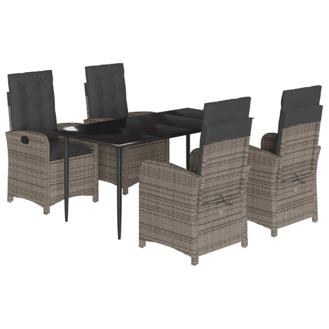 vidaXL 5 Piece Patio Dining Set - Gray PE Rattan Chairs with Cushions, Adjustable Reclining, Tempered Glass Tabletop, Perfect for Garden, Backyard, Patio