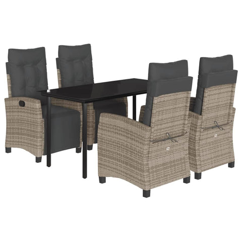 vidaXL 5 Piece Patio Dining Set - Gray Poly Rattan Furniture with Cushions - Adjustable Reclining Seats, Black Glass Table - Outdoor Garden Backyard