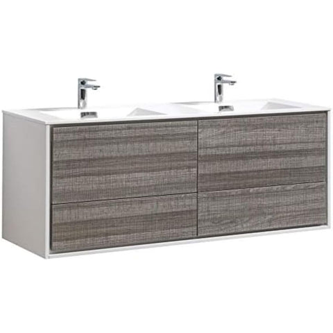 Oakestry Delusso 60-Inch Double Sink Ash Gray Wall Mount Modern Bathroom Vanity with Integrated Acrylic Sink and Soft Close Drawer