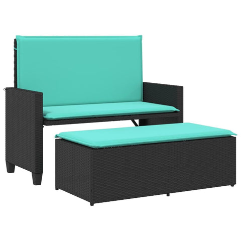 vidaXL Patio Bench with Cushions & Footstool - Poly Rattan, Black, 2-in-1 Outdoor Garden Sofa Bed, 48"x21.7"x38.2"