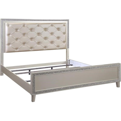Acme Sliverfluff Faux Leather Tufted Eastern King Bed in Champagne Brown