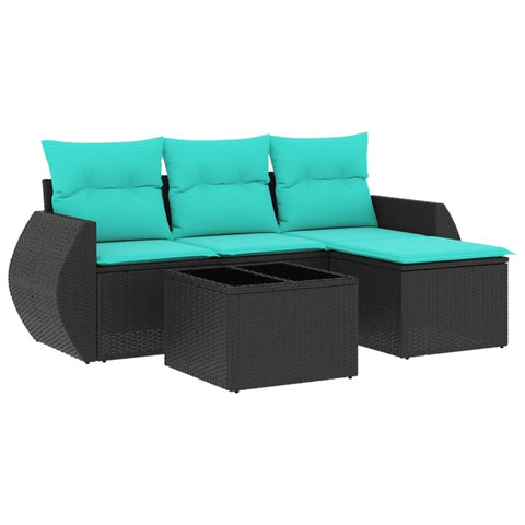 vidaXL Patio Sofa Set with Cushions 5 Piece, Sectional Sofa with Glass Table, Outdoor Conversation Set, Modern Style, Black Poly Rattan