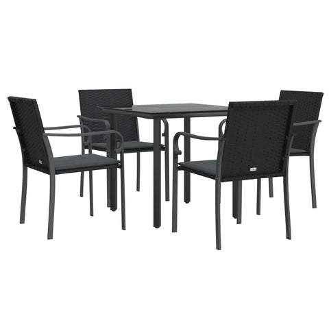 vidaXL 5-Piece Patio Dining Set in Black with Cushions - Modern Poly Rattan and Steel Frame Furniture for Garden, Outdoor, and Patio