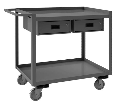 Stock Cart 2 Shelves 24 x 48 14 Gauge 1200 lbs. Capacity 2 Drawers  5 x 1-1/4 Polyurethane Casters - (2) Rigid (2) Swivel with Side Brakes Gray