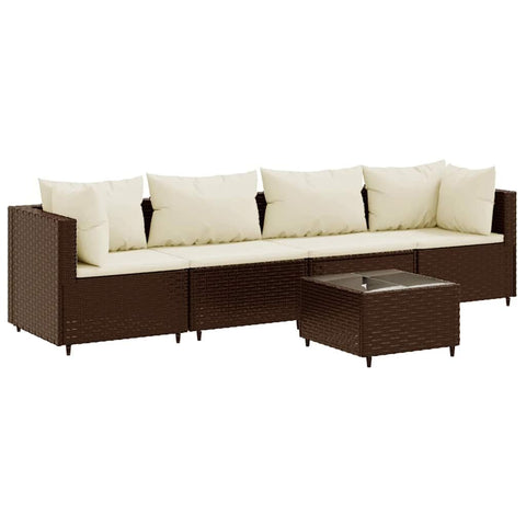 vidaXL 5 Piece Patio Lounge Set with Cushions - Brown Poly Rattan - Outdoor Furniture for Backyard, Terrace, Garden - Modular Design - Powder-Coated Steel Frame - Tempered Glass Tabletop