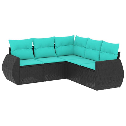 vidaXL Patio Sofa Set with Cushions - 5 Piece Black Poly Rattan Outdoor Garden Furniture Set - Weather-Resistant, Modular Design, Removable Covers