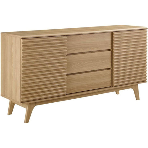 Oakestry Render 63 Inch Mid Century Modern Sideboard Buffet Table Oak Finish Versatile Storage Cabinet with Sliding Doors for Dining Room Living Room or TV Stand