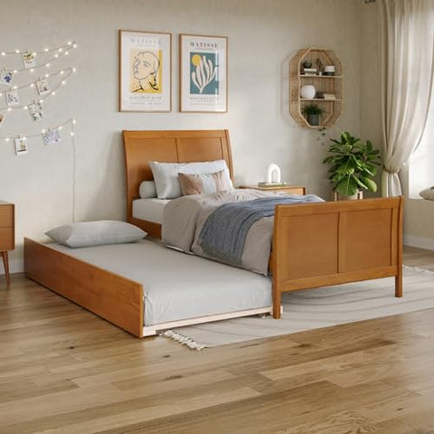 Portland Twin XL Platform Bed with Matching Footboard & Twin XL Trundle in Light Toffee