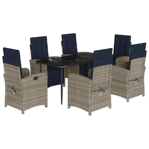 vidaXL 5-Piece Patio Dining Set - Gray Poly Rattan with Navy Cushions, Adjustable Backrest, Tempered Glass Table