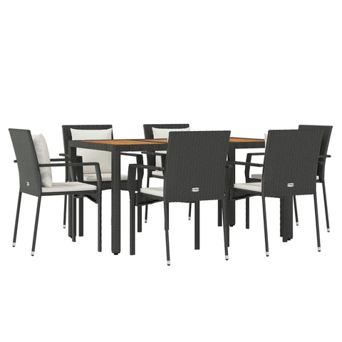 vidaXL 7-Piece Patio Dining Set - Weather- PE Rattan, Sturdy Powder-Coated Steel Frame, Solid Acacia Wood Tabletop, Modular Design, with Cushions, Black/Cream White Finish