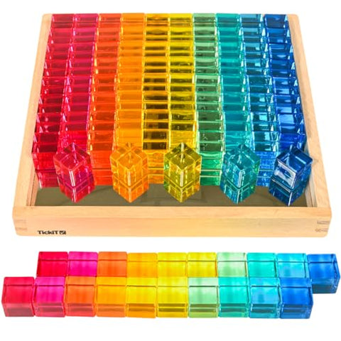 TickiT Gem Cube Mirror Tray - 100 Translucent, Acrylic Blocks - Explore Reflections, Light and Color - Sensory Manipulative for Kids