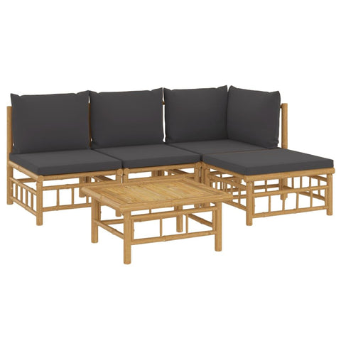 vidaXL 5-Piece Bamboo Patio Furniture Set - Sectional Sofa with Dark Gray Cushions & Table for Outdoor Garden Lounge