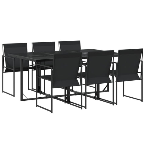 vidaXL Patio Dining Set - 7 Piece Outdoor Furniture - Black Textilene, Tempered Glass Tabletop, Powder-Coated Steel Frame, Foldable Chairs, UV