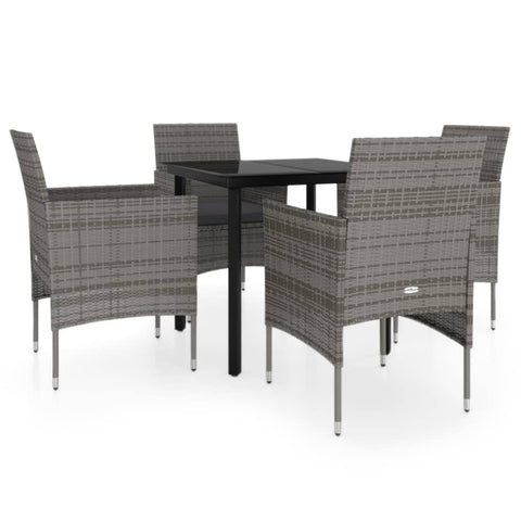vidaXL 3-Piece Patio Dining Set with Cushions - Rattan Finish, Glass Tabletop, Powder-Coated Steel Frame - Gray & Black.