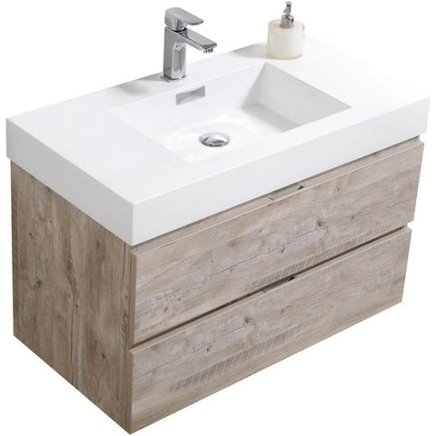 Oakestry Bliss 36 Inch Wall Mounted Bathroom Vanity Nature Wood Finish Modern Floating Cabinet with Integrated Ceramic Sink and Soft Close Drawers for Medium and Large Bathrooms