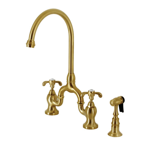 Kingston Brass KS7797TXBS French Country Bridge Kitchen Faucet with Brass Sprayer, Brushed Brass