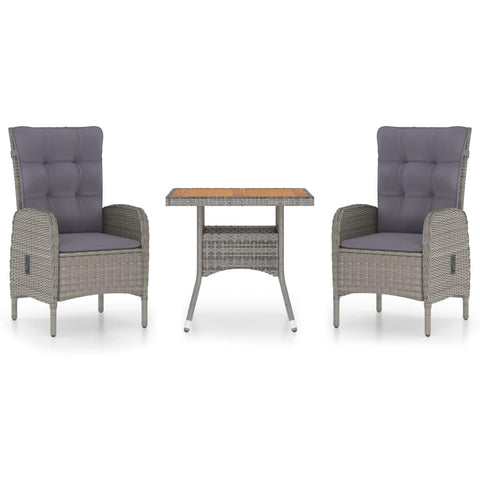 vidaXL 3 Piece Garden Dining Set with Cushions | Grey Poly Rattan and Acacia Wood Modern Outdoor Furniture Comfortable Seating for 2 Ideal Patio Balcony Table Chairs Outdoors