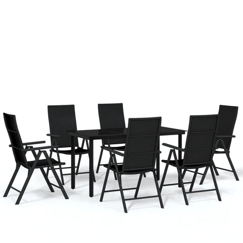 vidaXL 7-Piece Patio Dining Set â€“ Outdoor Black Garden Furniture with Powder-Coated Steel Frame, Glass Tabletop, PE Rattan Chairs with 7 Positions